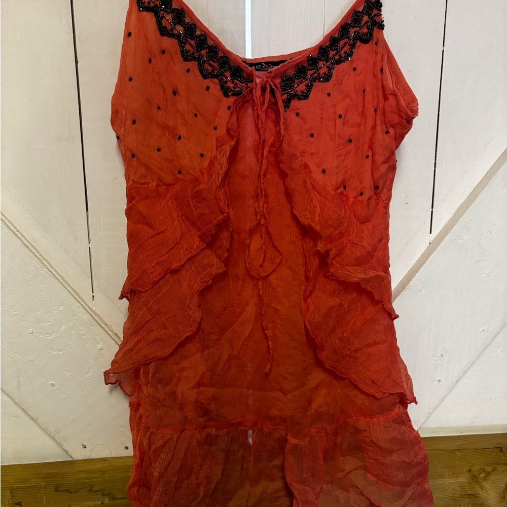 Red Sleeveless Ruffled Top with Black Lace